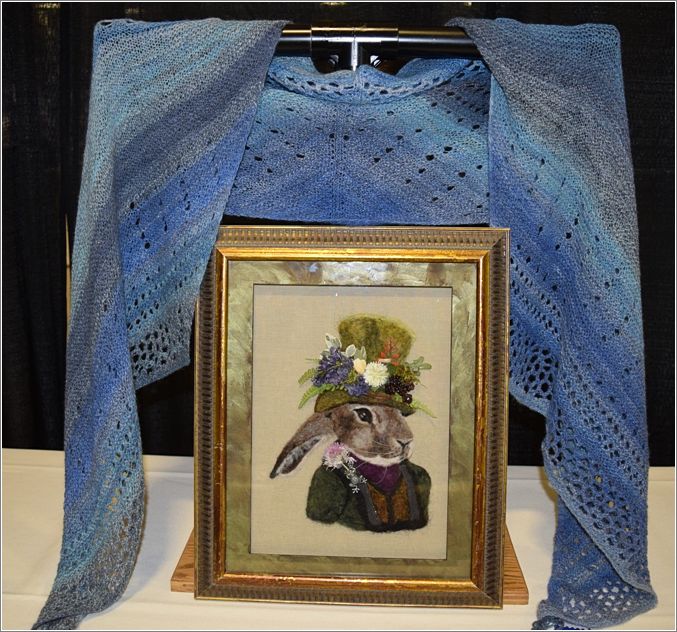 Christine Abramson�s Fiber Arts Reserve Champion Merino and silk shawl above Jill Bamforth�s needle- felted rabbit. Photo: Peggy Lundquist.